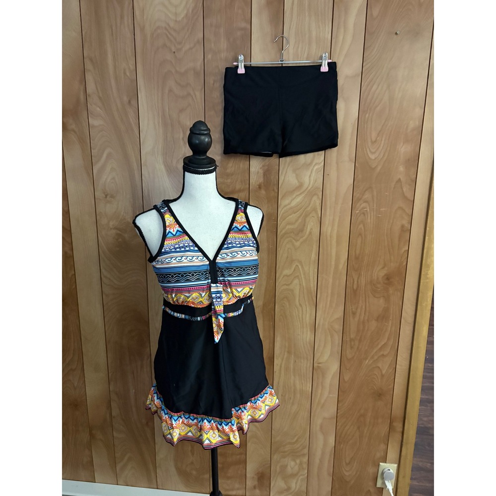 Tribal Print Swim Dress Tankini Set with Boy Shorts Black Multi Size L‎ NEW